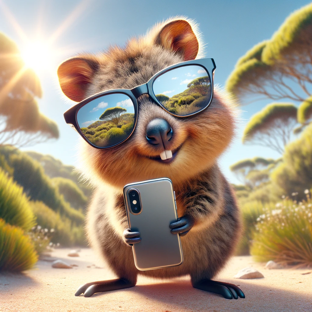Created image of a quokka wearing sunglasses and taking a selfie