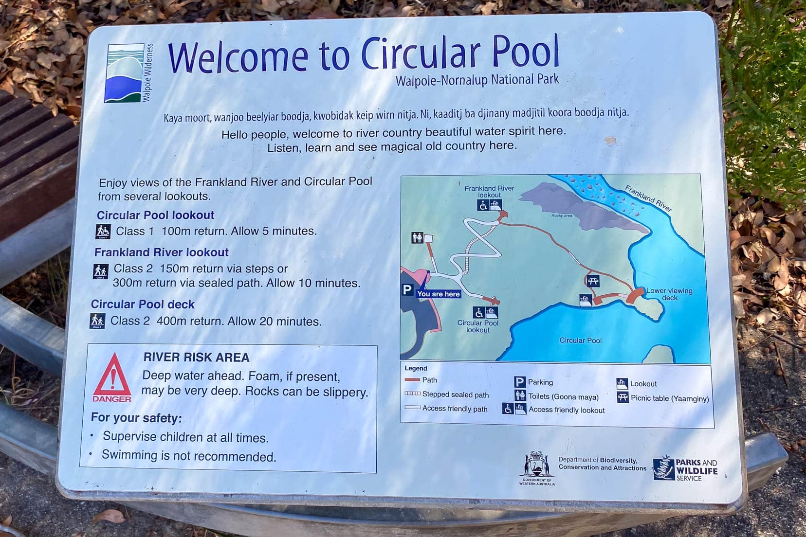 Circular Pool welcome sign with a map 