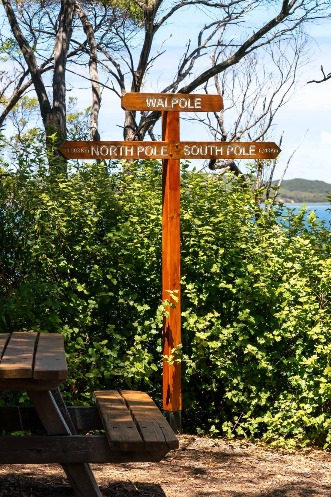 Wooden sign at Coalmine Beach Campsite by the beach with distances to the north pole and to the south pole