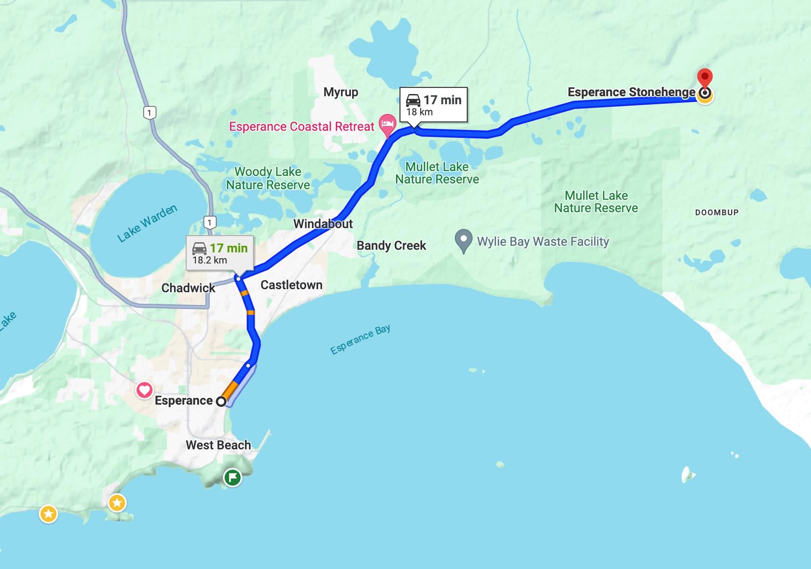 Esperance-to-Stonehenge-Esperance route on a google map