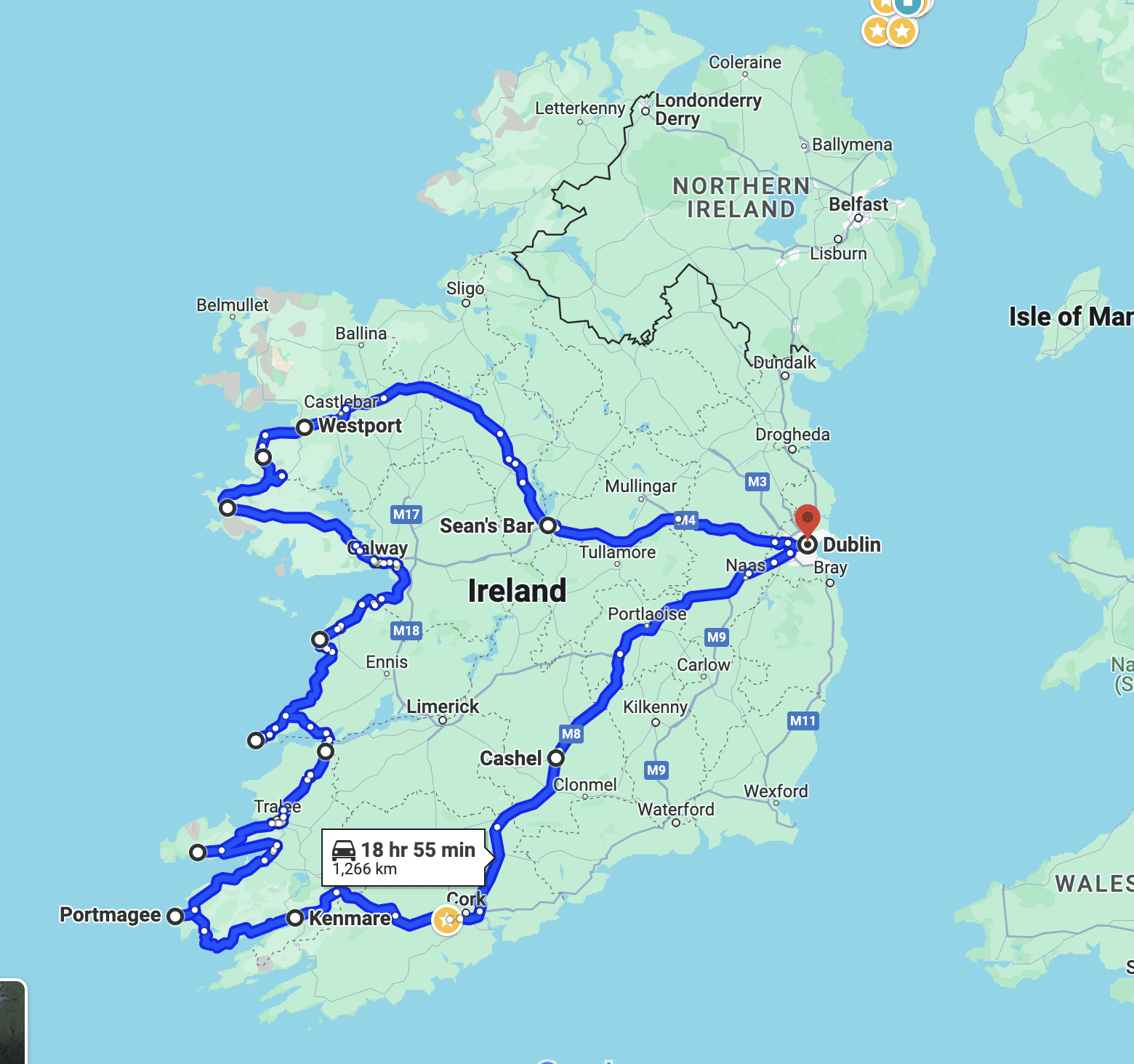 Ireland 7 day road trip map overview