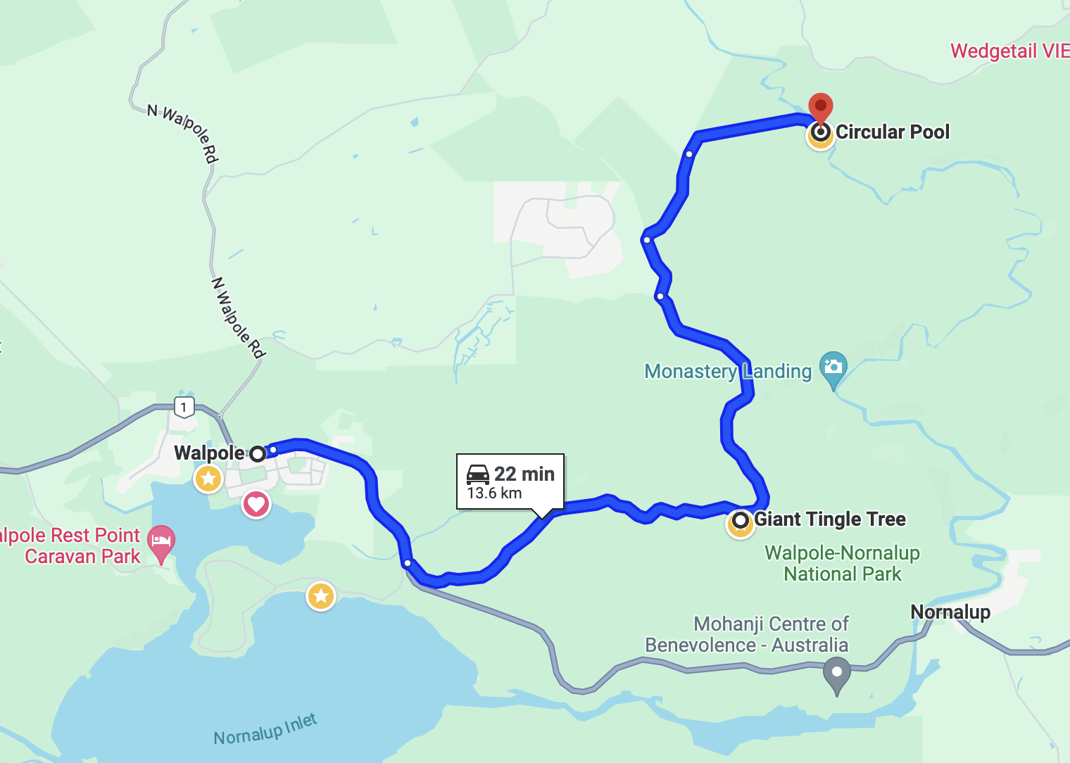 Route to Circular Pool from Walpole - 22 minute drive and 13.6 km via Hilltop road