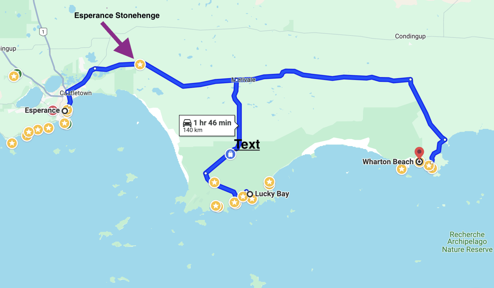 map of route from Esperance to Lucky Bay to Wharton Beach