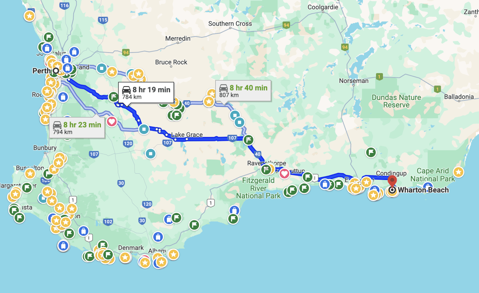 Perth to Wharton Beach Route