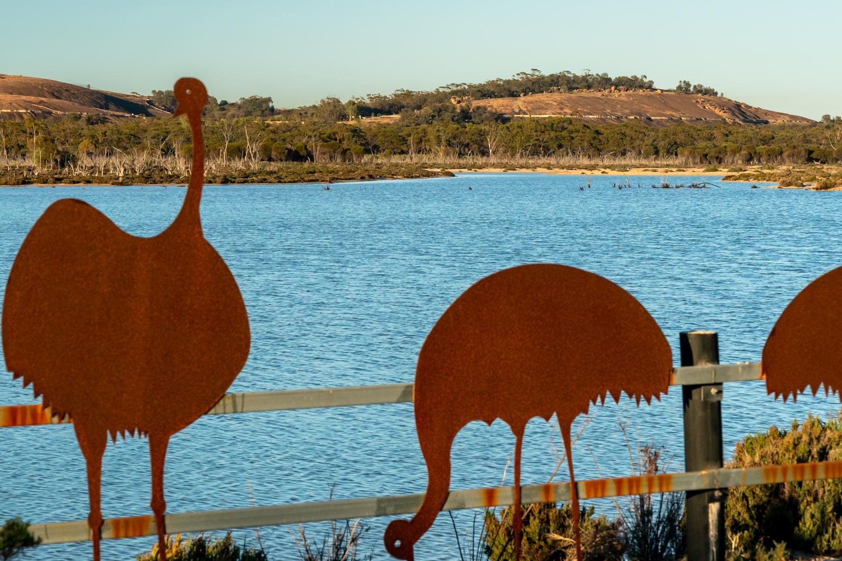 Perth to Wave Rock Lake-Magic-and-salt-pool,-resort with emu metal cutouts on a fence bordering the lake