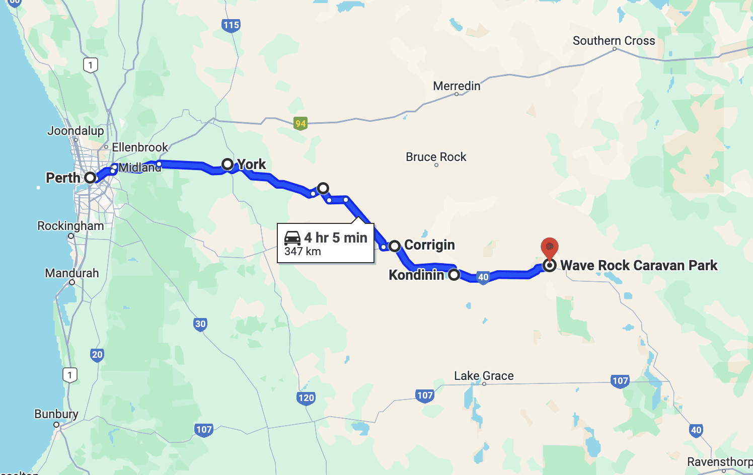 Perth to Wave Rock Road Trip Route