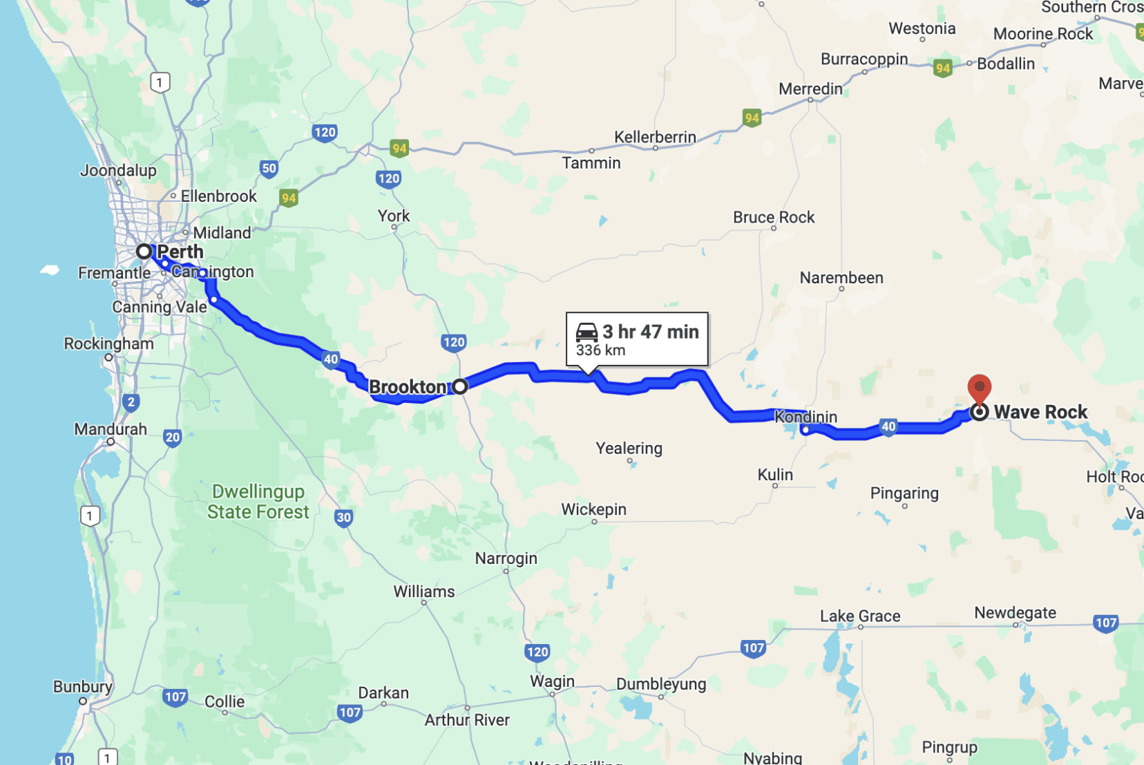Perth to Wave Rock route on a map bia brookton 3 hrs 56 mins
