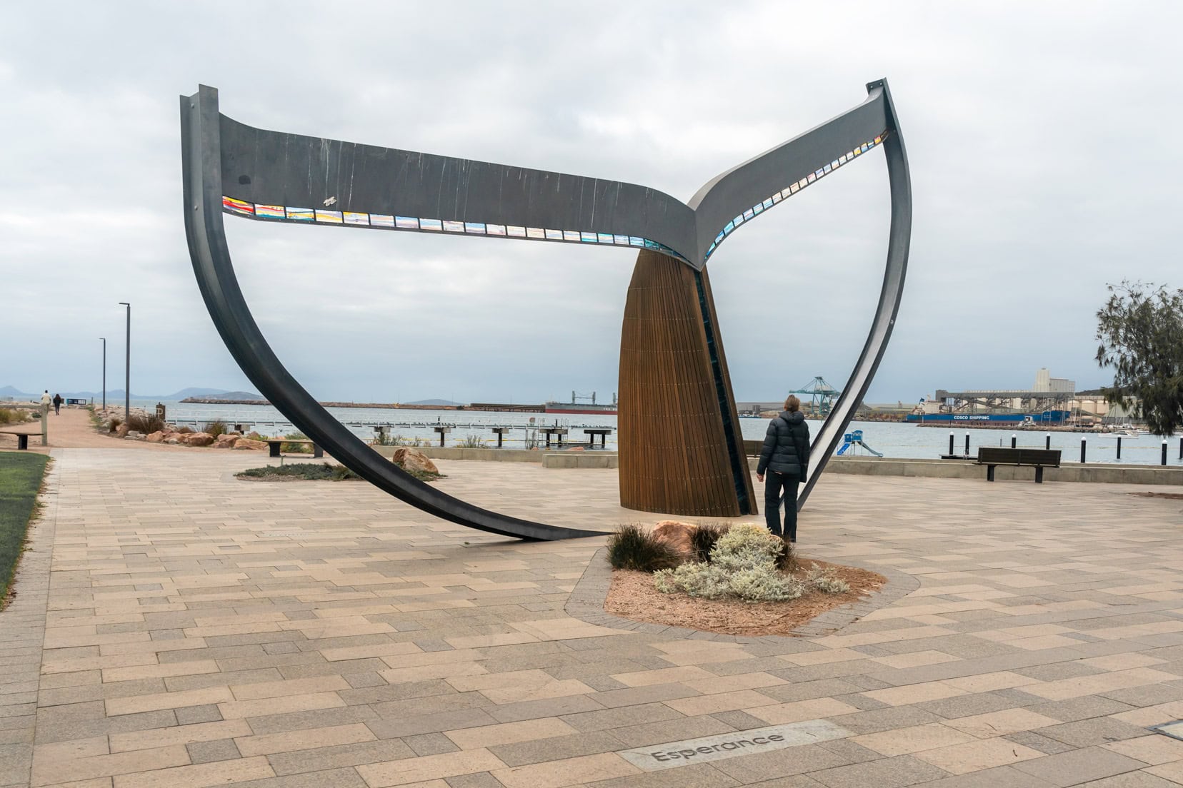 A huge whale tail sculpture on the foreshore of Esperance