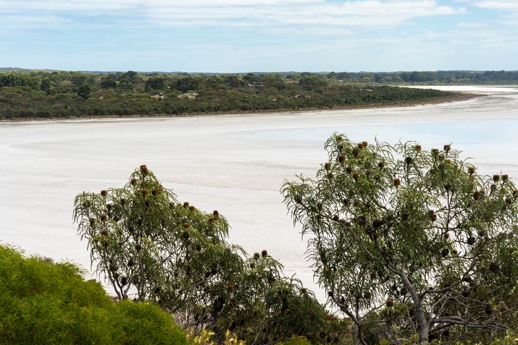 Pink lake - that is not pink and open expanse of white salt and shallow lake surrounded by low bushland