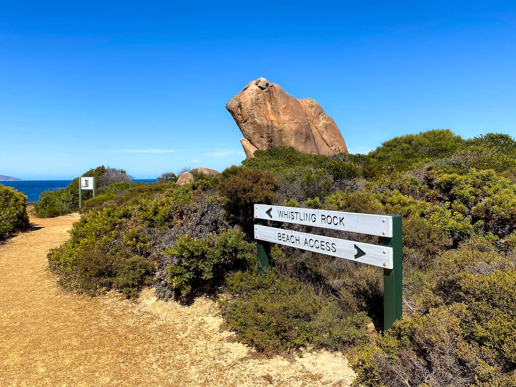 Whistling Rock - a large granite rock leaning towards the ocean surrounded by low bushland scrub