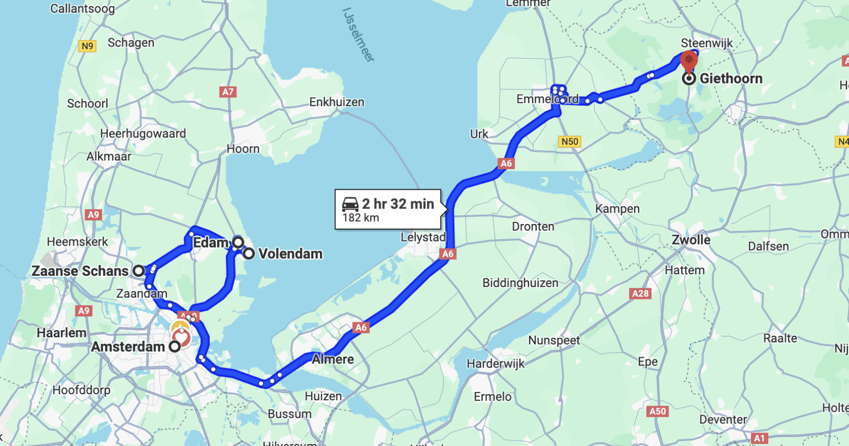 Amsterdam to Giethoorn route map