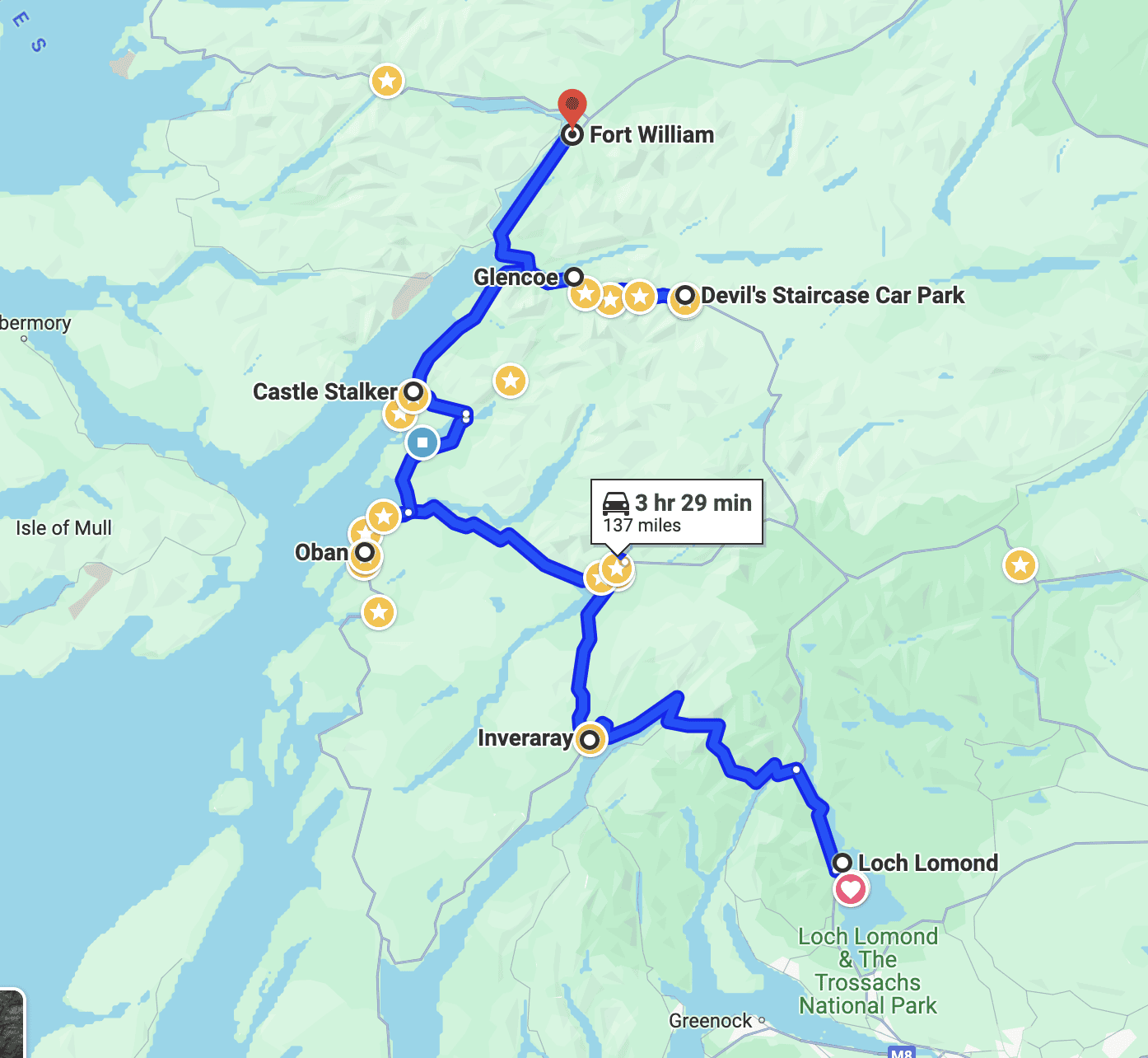 Loch Lomond to fort william road trip route