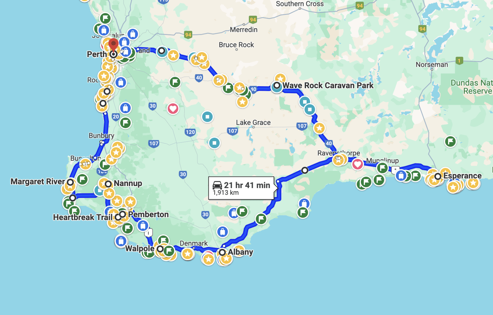 Map of Perth to Esperance road trip loop with all the stops 