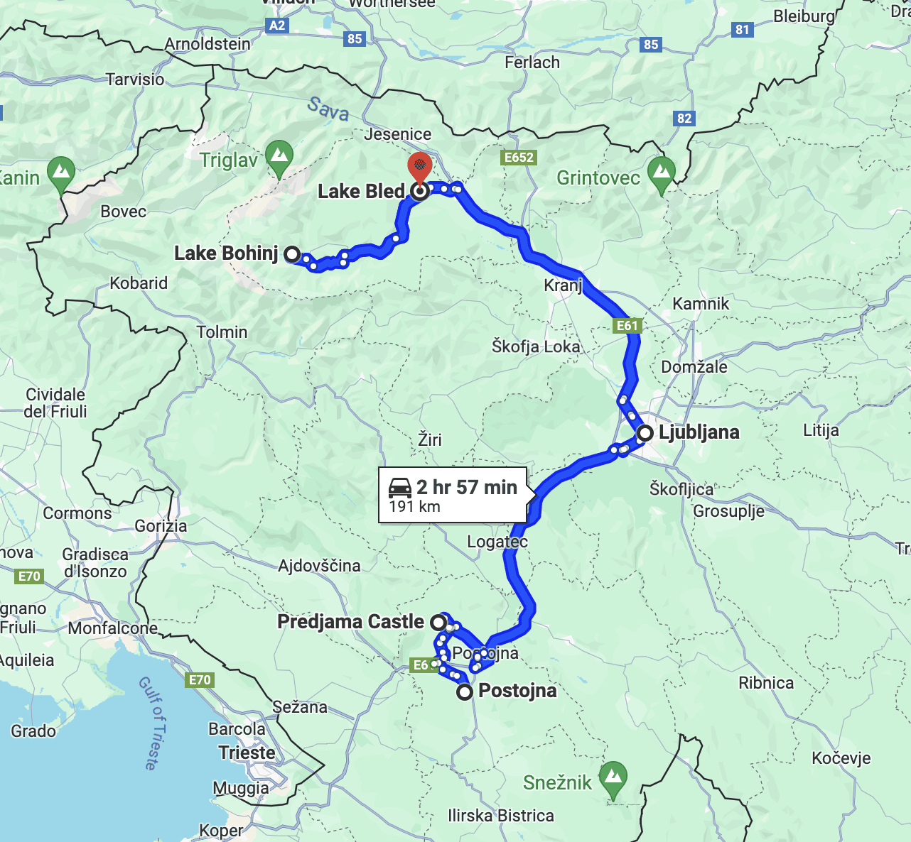 Postojna to Lake Bohinje Route Map