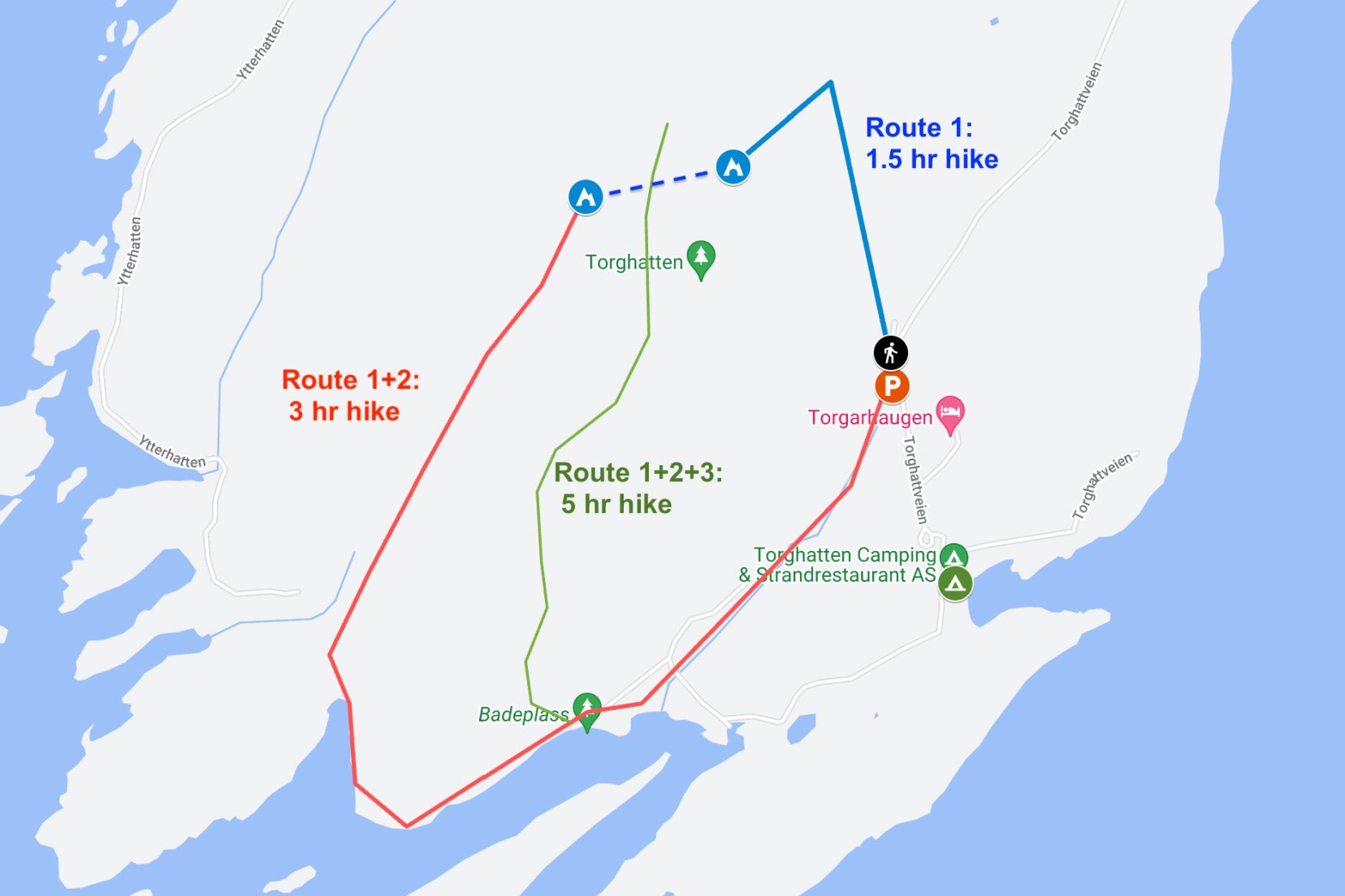 Torghatten hike route options map