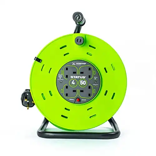 4 Socket Cable Reel | 50m Green Extension Lead | 13A with Thermal Cut Out | Heavy Duty Outdoor Extension Lead |