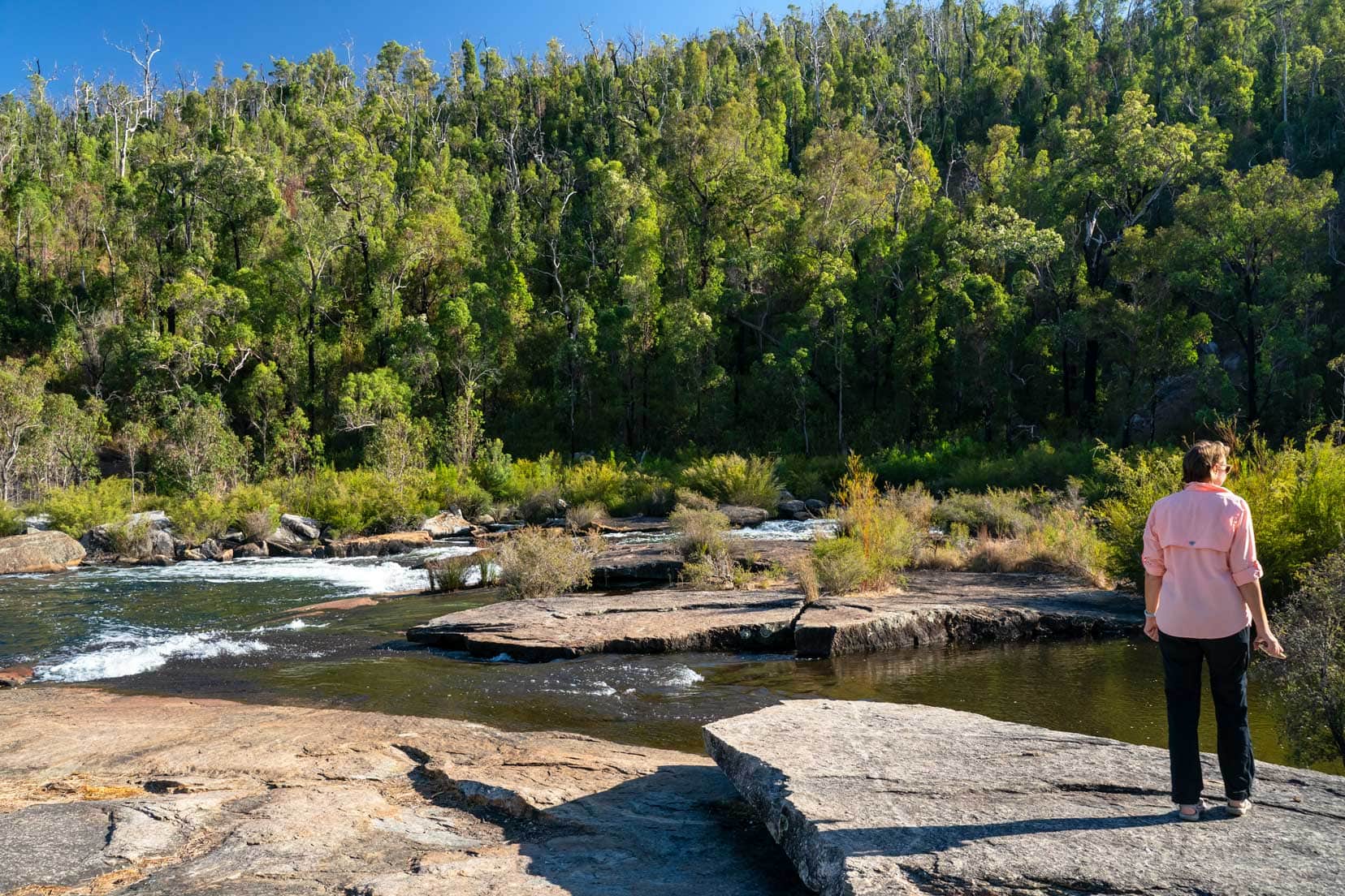 Shelley stood on the granite plateau at Big Rock surrounded by trees and by the river 