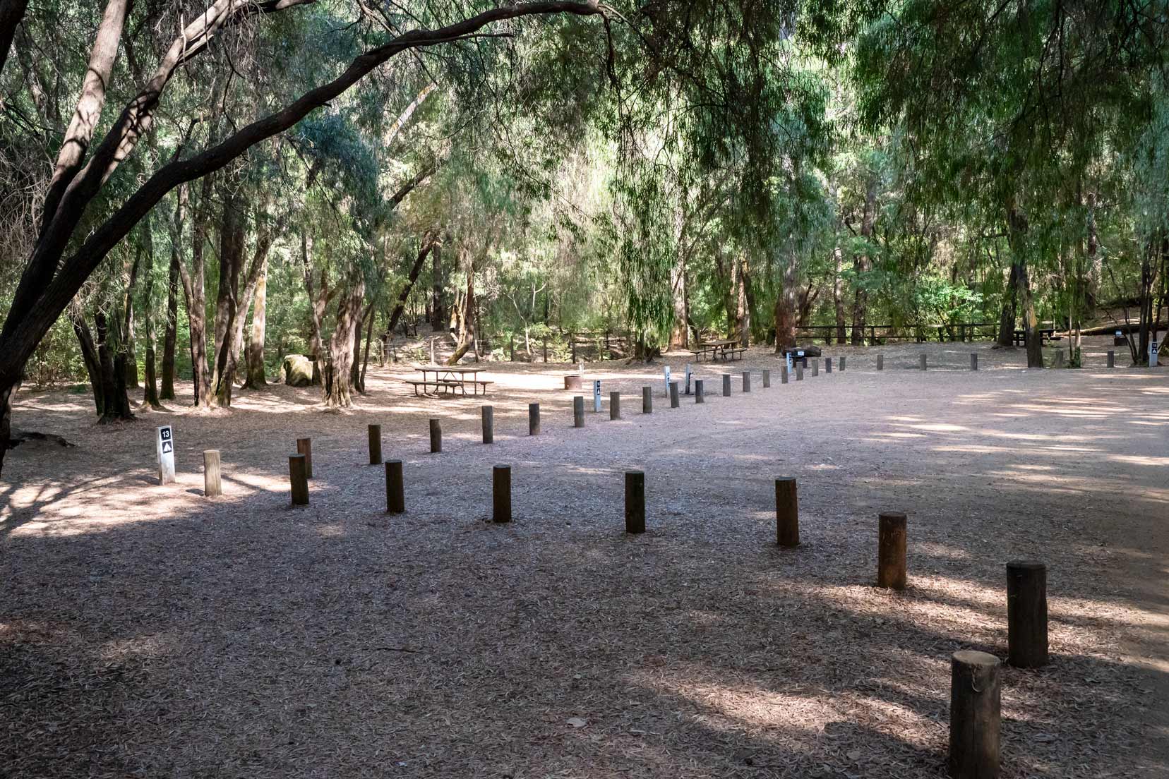 Campsites 13,14, 15 parking area with wooden bollards separating the parking area and area where the picnic table is 