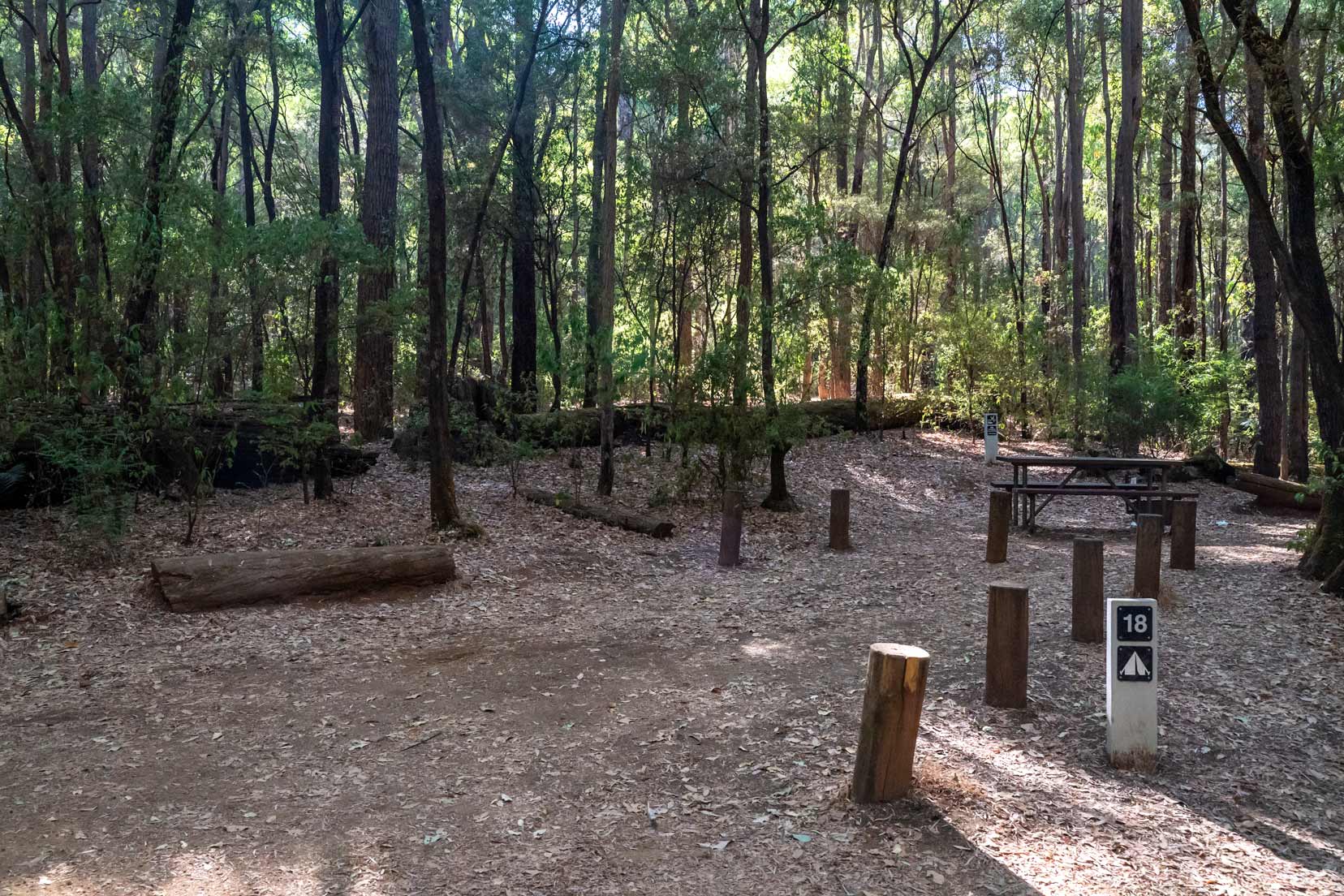 Campsite number 18 where wooded picnic table seems to take up the camp area - and small parking area under the trees