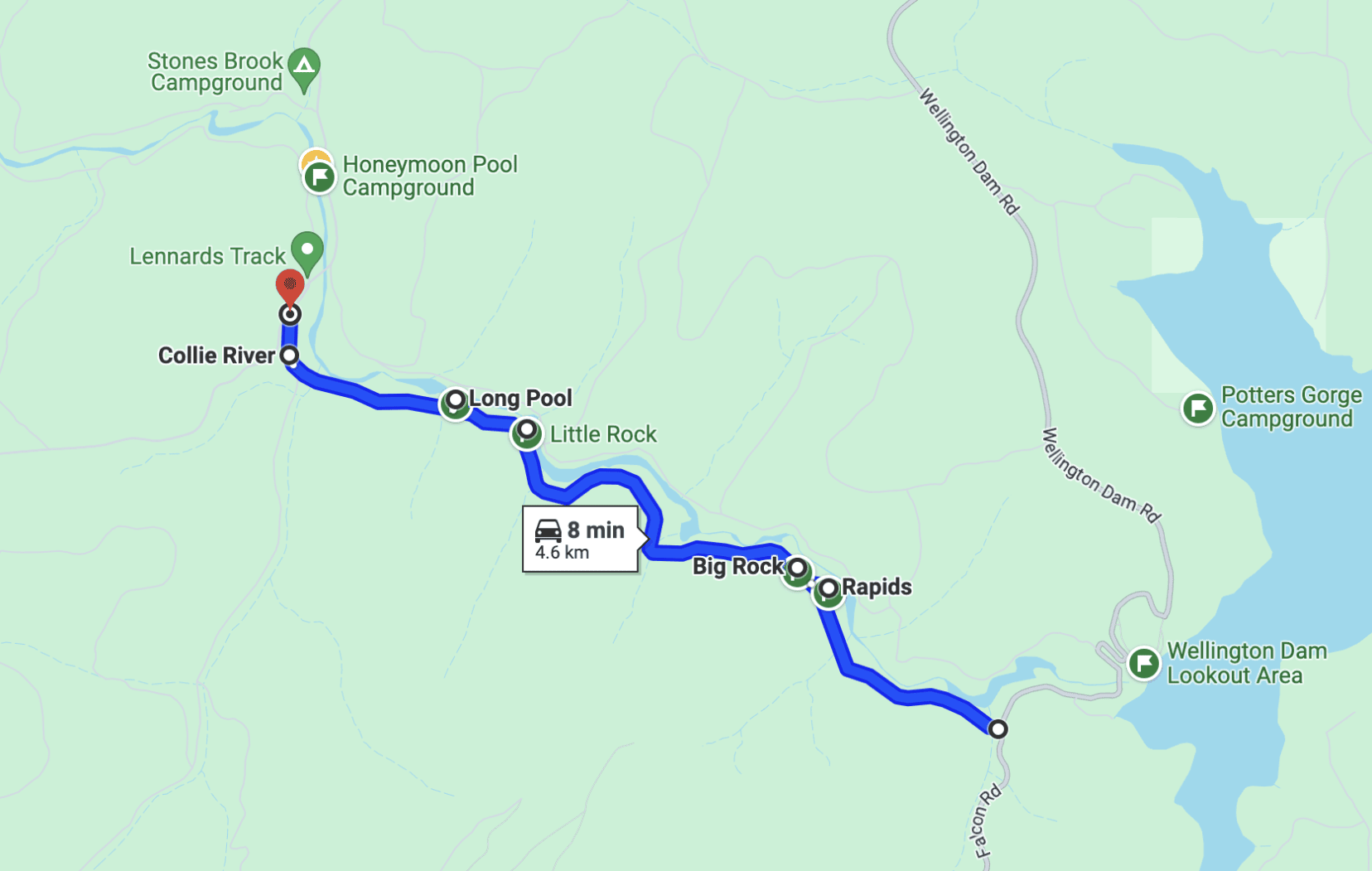 Lennard Drive length 4.6km from Falcon Rd to lennards Track Map