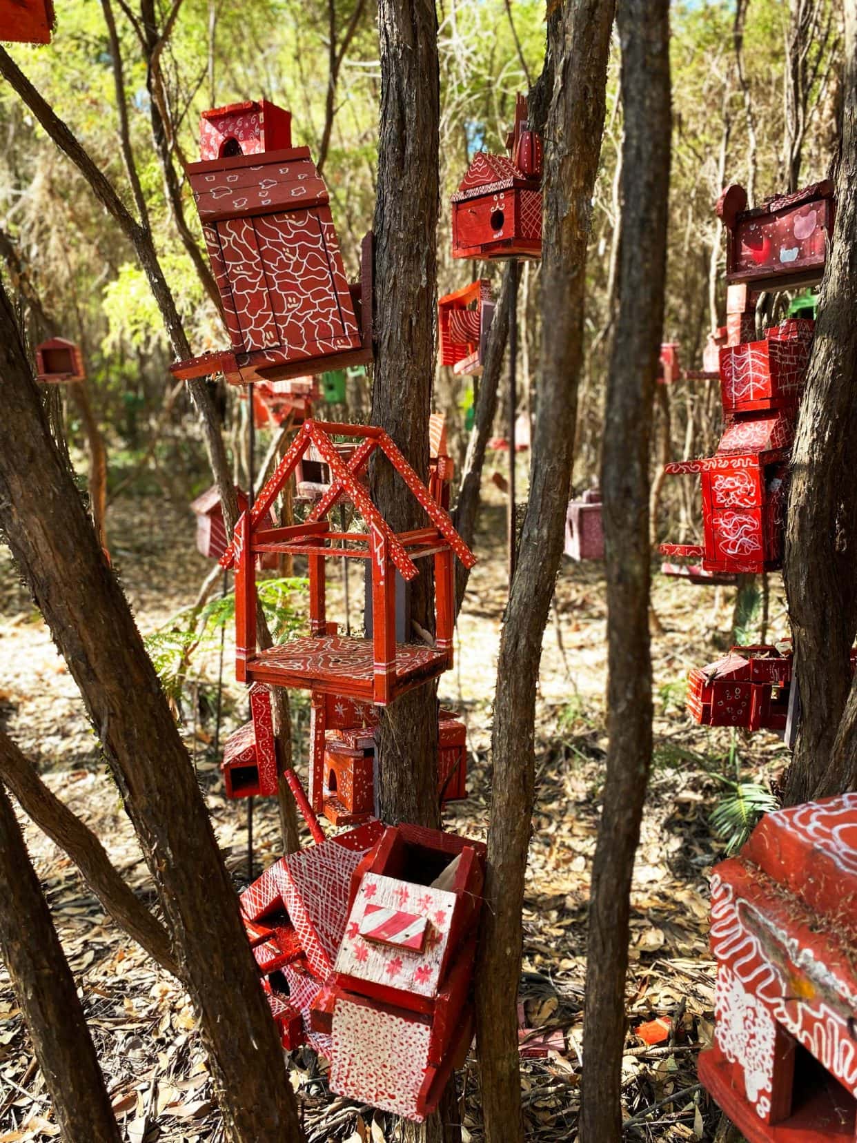 Northcliffe-Understory-Art-Trail-red-little-houses built vertically among the trees 