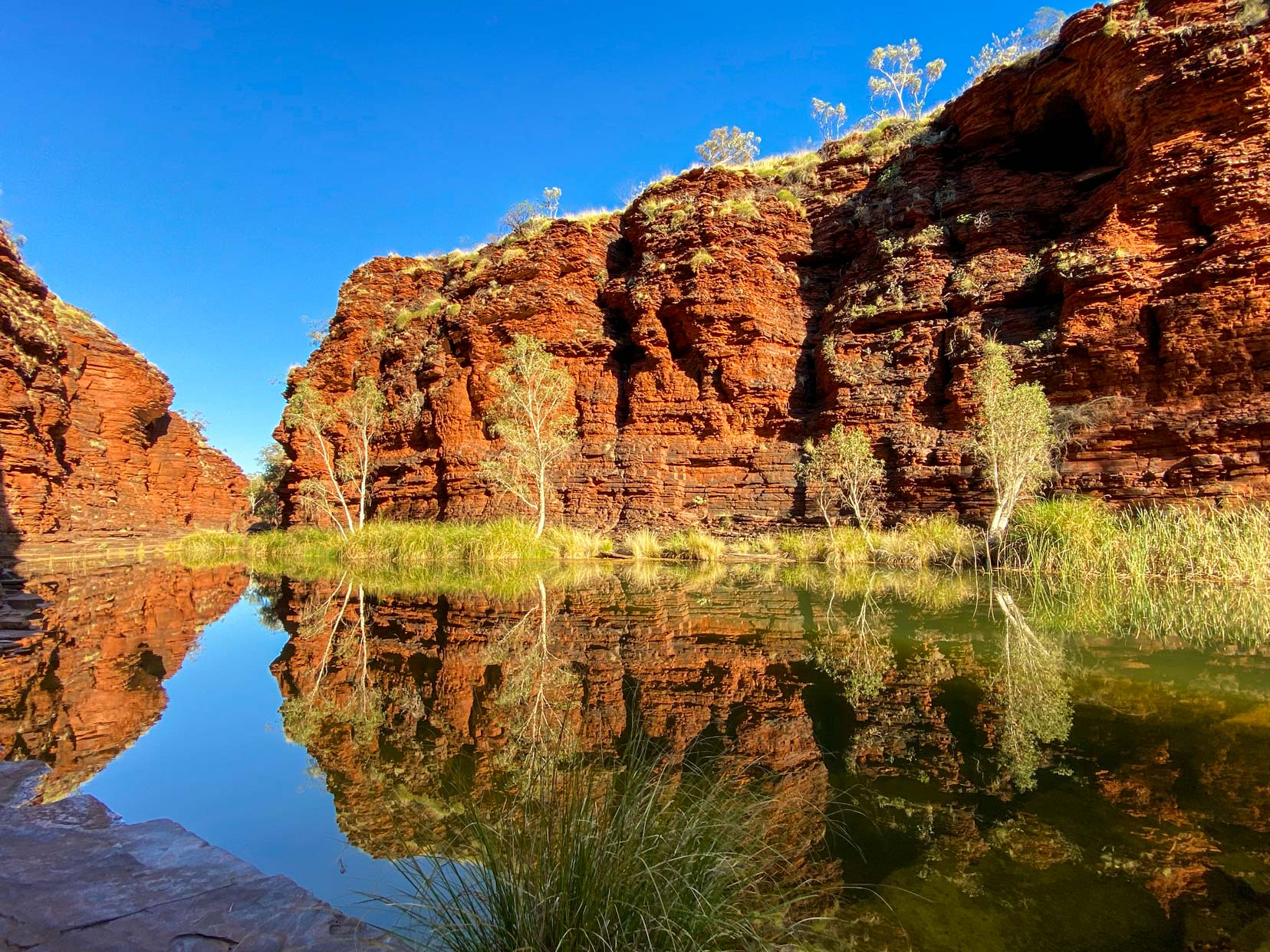 Beautiful view of Kalamina Gorge with the sun hitting the orange rock sides and reflecting in the mirror like pool below