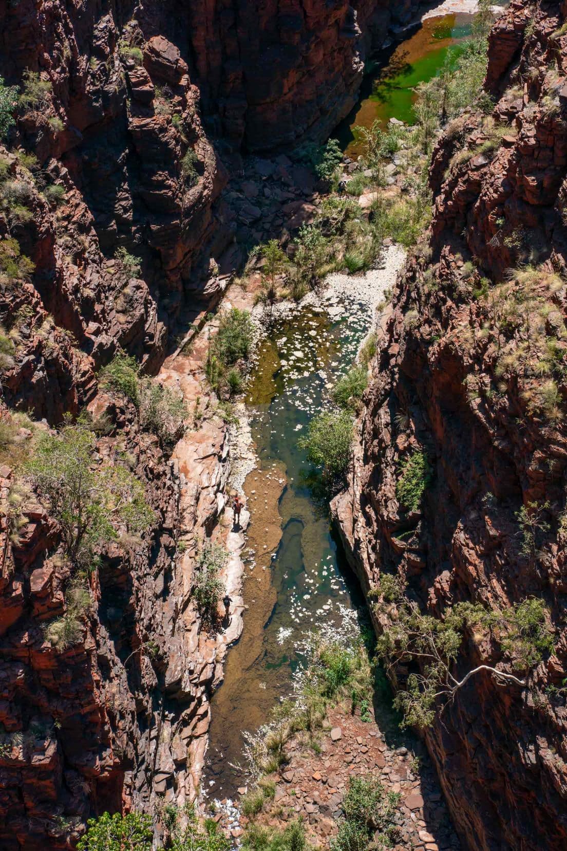 Knox Gorge as seen from above with steep gorge walls ad narrow strip of water 