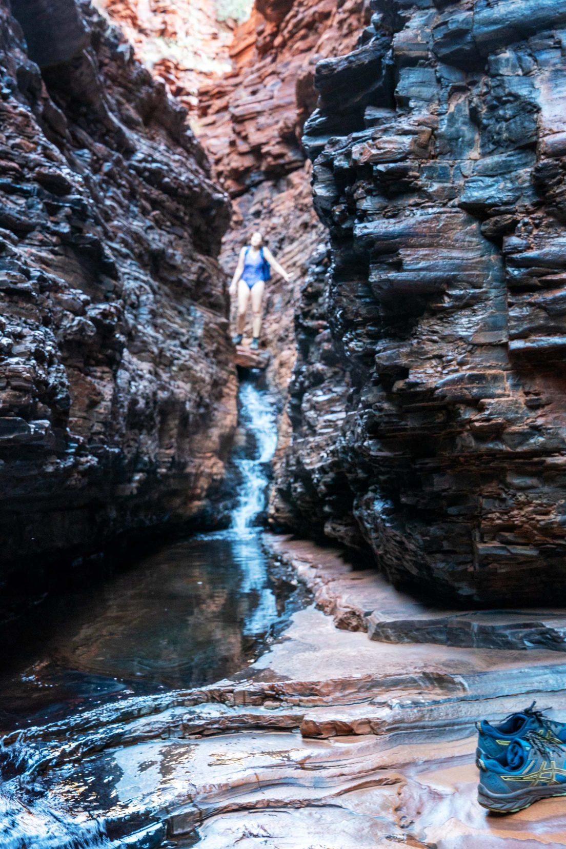 Shelley stood at top of the narrow part leading to Ketmits pool - a narrow gorge part with water flowing along the bottom