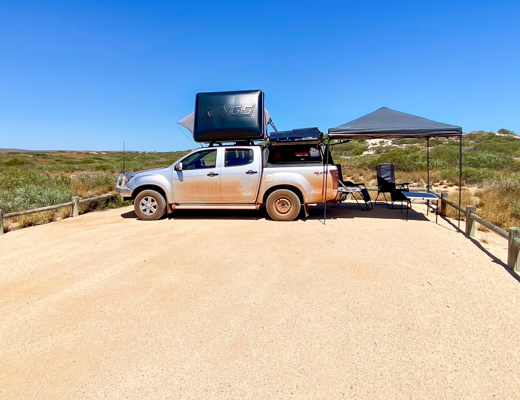 Our Isuzu Dmax parked up at Kurrajong Camp in Exmouth 