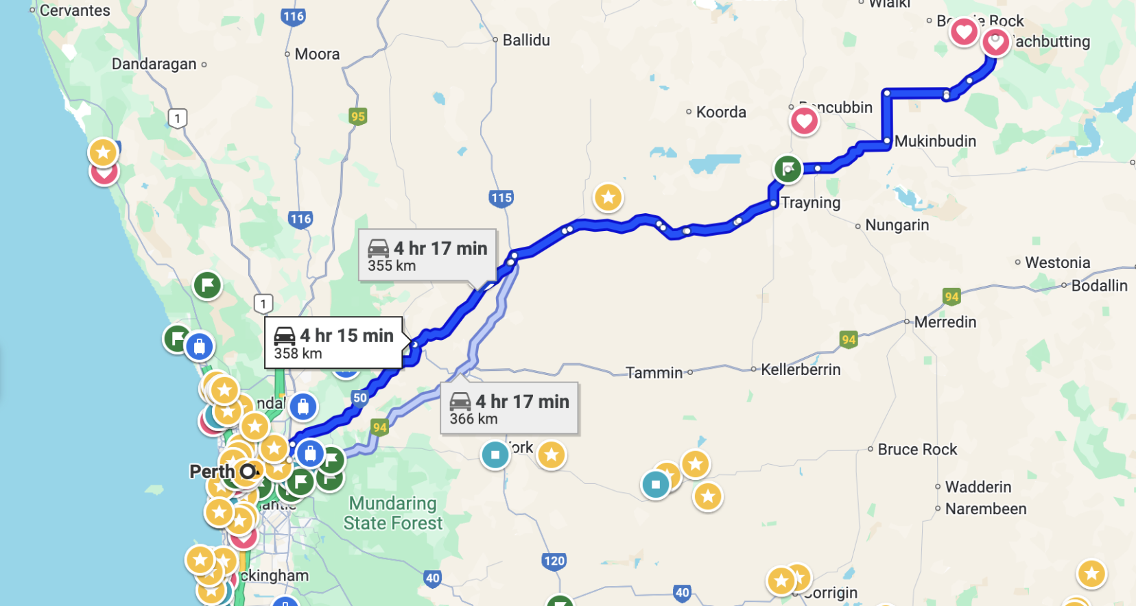 Perth to Elachbutting Rock map